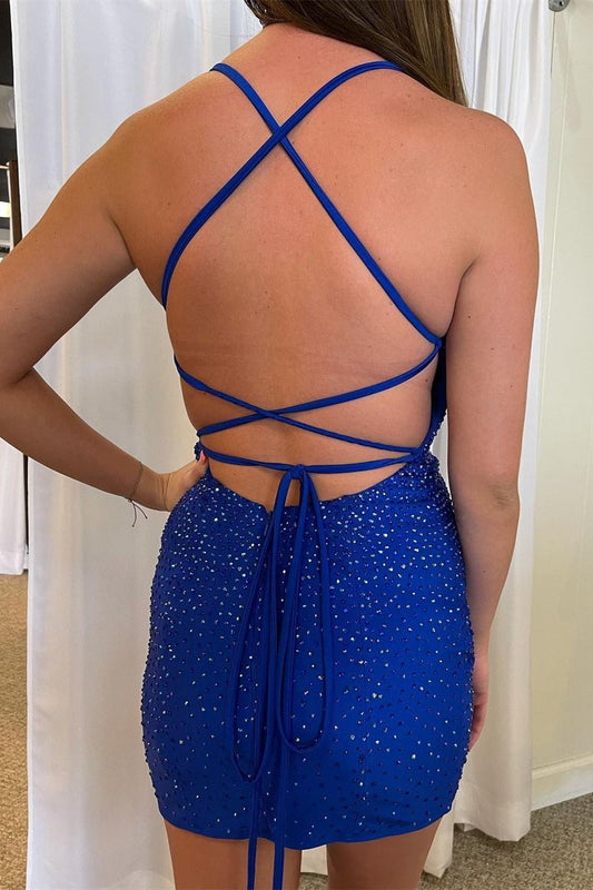 LTP1159,Cute Royal Blue Beaded Mini Bodycon Party Dress
