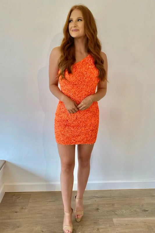LTP1486,One shoulder orange sequin homecoming dresses