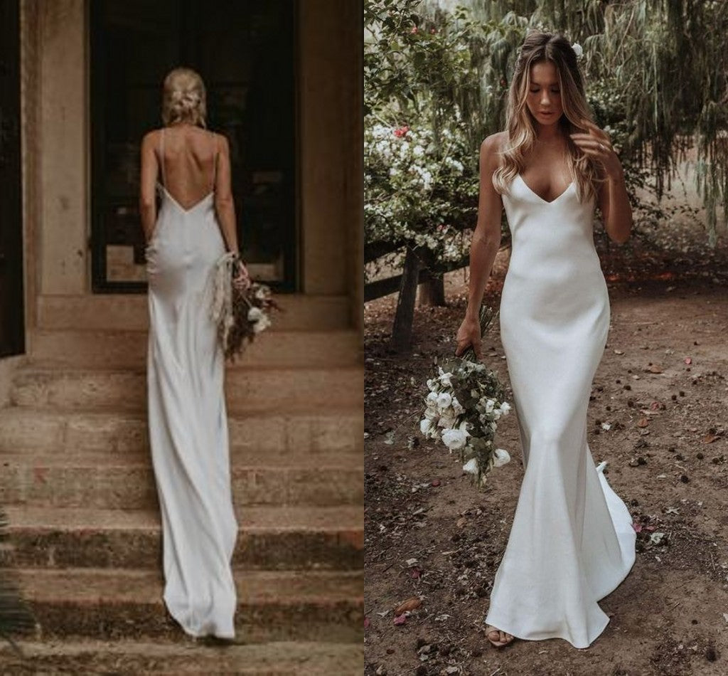 LTP0394,Simple Ivory Wedding Dresses Spaghetti Straps Bridal Gown Satin Long Wedding Dress