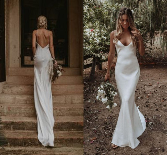 LTP0394,Simple Ivory Wedding Dresses Spaghetti Straps Bridal Gown Satin Long Wedding Dress