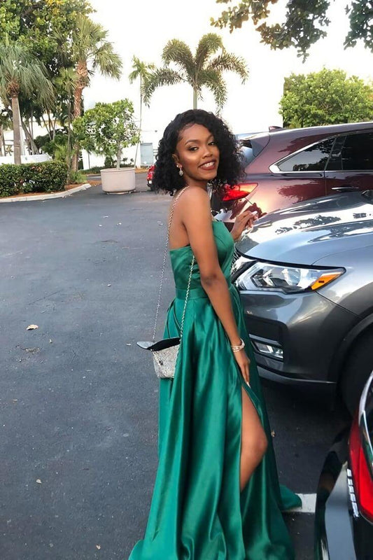 LTP1264,Hunter Green Satin Prom Dresses, Strapless Maxi Long Dress with Side Slit