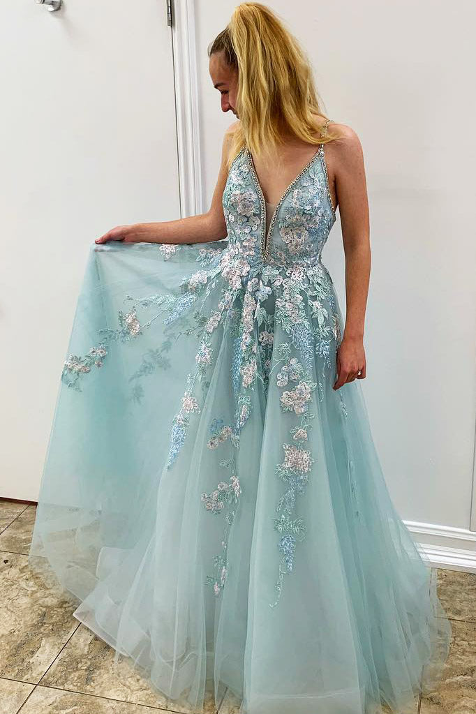 LTP0930,A-Line V-Neck Spaghetti Straps Light Blue Prom Dresses,Long Formal Dresses With Applique