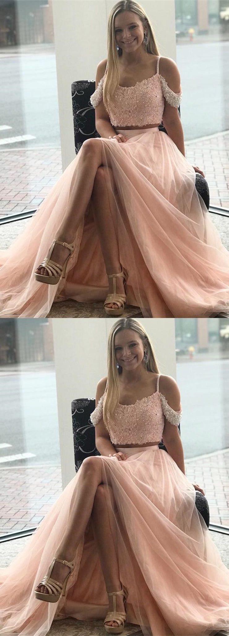 LTP0788,Two Piece Prom Dresses Spaghetti Straps A Line Long Sparkly Prom Dress