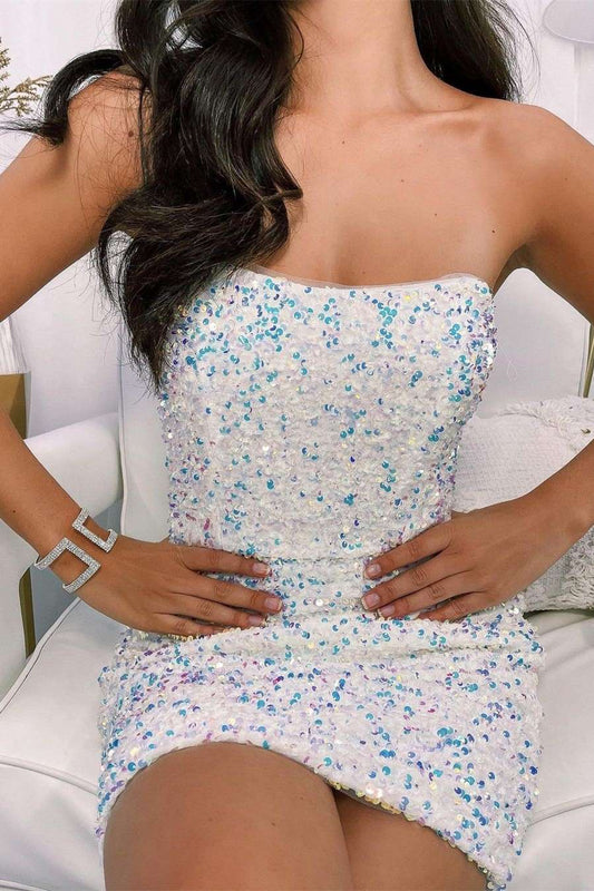 LTP1439,Glitter White Sequin Short Homecoming Dress Shiny Cocktail Dresses