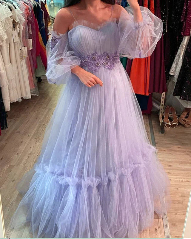 puffy long homecoming dresses Princess A line Tulle Strapless Puffy Sleeves Long Prom Dresses with Stars trendtydresses