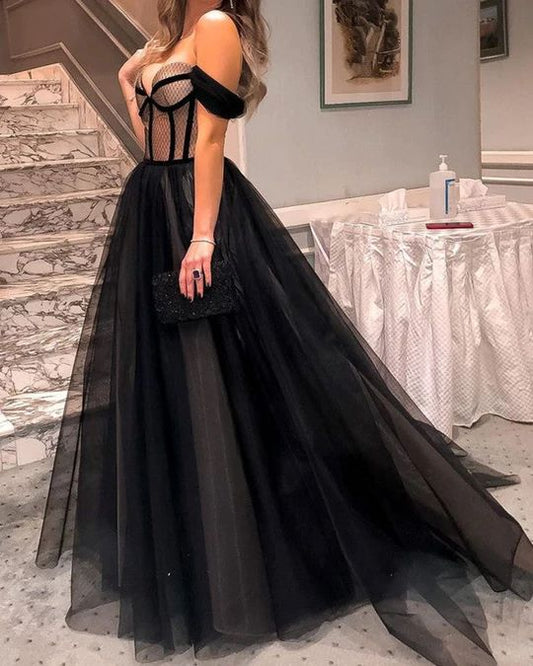 LTP1044,Long Tulle Corset Prom Dresses Off The Shoulder Evening Dress