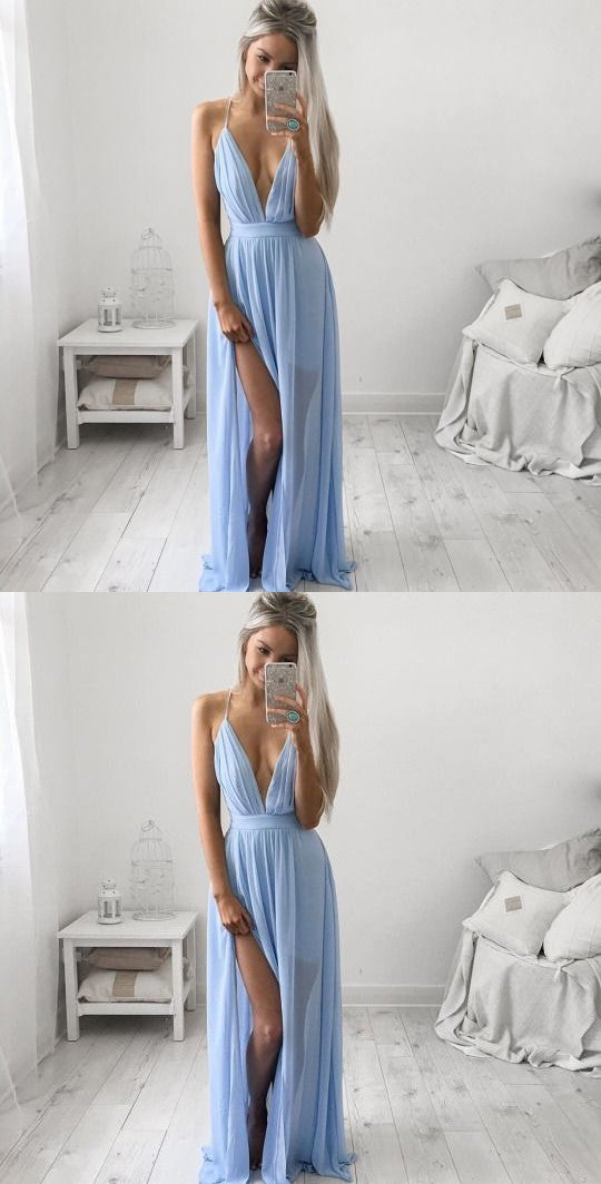 LTP1572,Sexy deep v-neck light blue chiffon prom evening dresses with side slit
