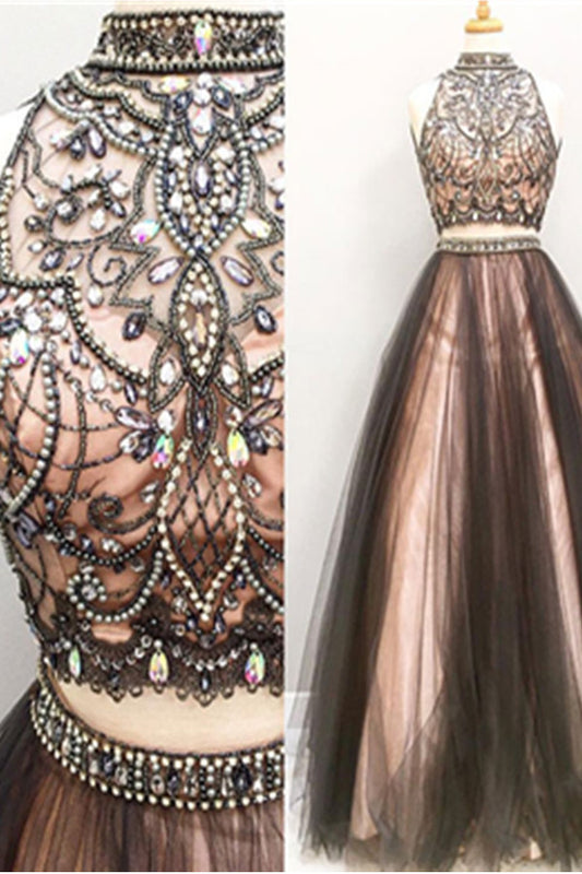 LTP0649,Two Pieces Prom Dresses,A-line Tulle Prom Gowns,Halter Beading Evening Dresses,Beautiful Party Dresses,Cute Dresses