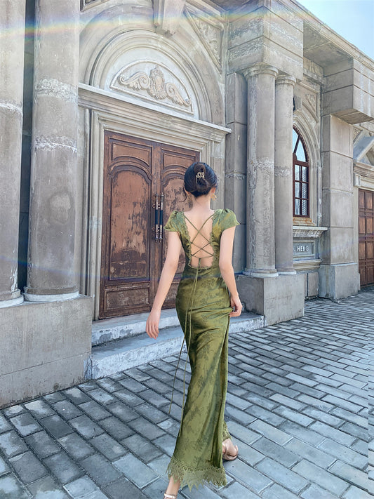 LTP1702, Olivia Green V-Neck Prom Dresses, Silk Satin Open Back Evening Party Dress