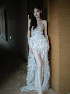 LTP1706, Stunning White Feather Hi-Lo Evening Prom Dresses