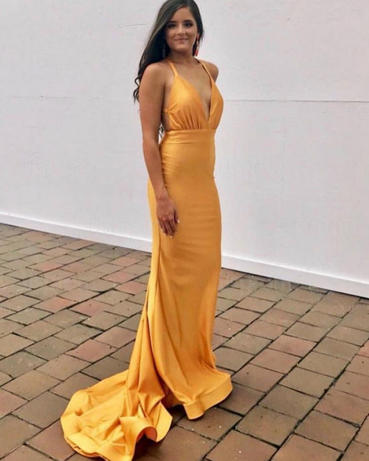 LTP0681,Yellow halter satin long prom dress mermaid evening dresses