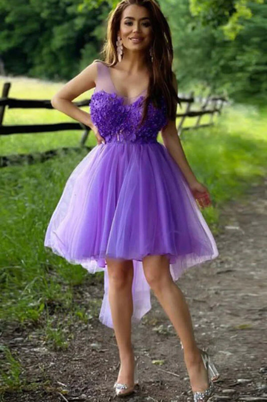 LTP1380,Purple High Low Homecoming Dresses