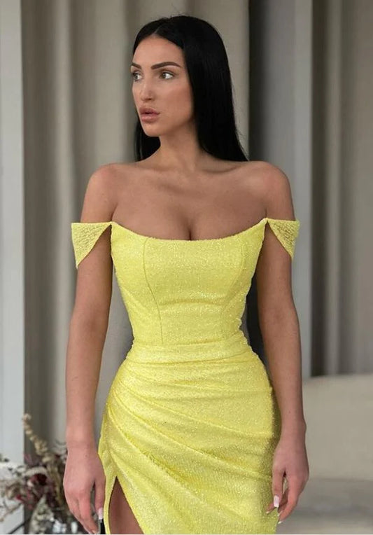 LTP1366,Bright Yellow Off-The-Shoulder Prom Dress Mermaid With Split