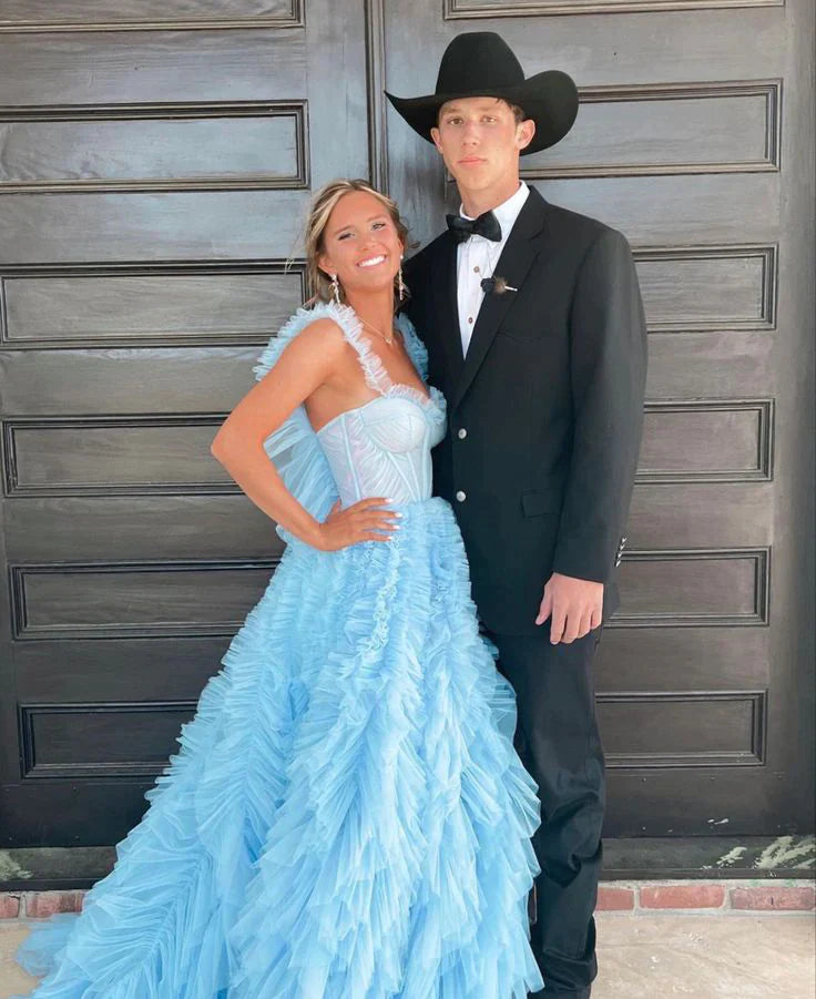 LTP1232,Princess Light Blue Ruffles Prom Dresses,Backless Evening Dresses,Formal Gown