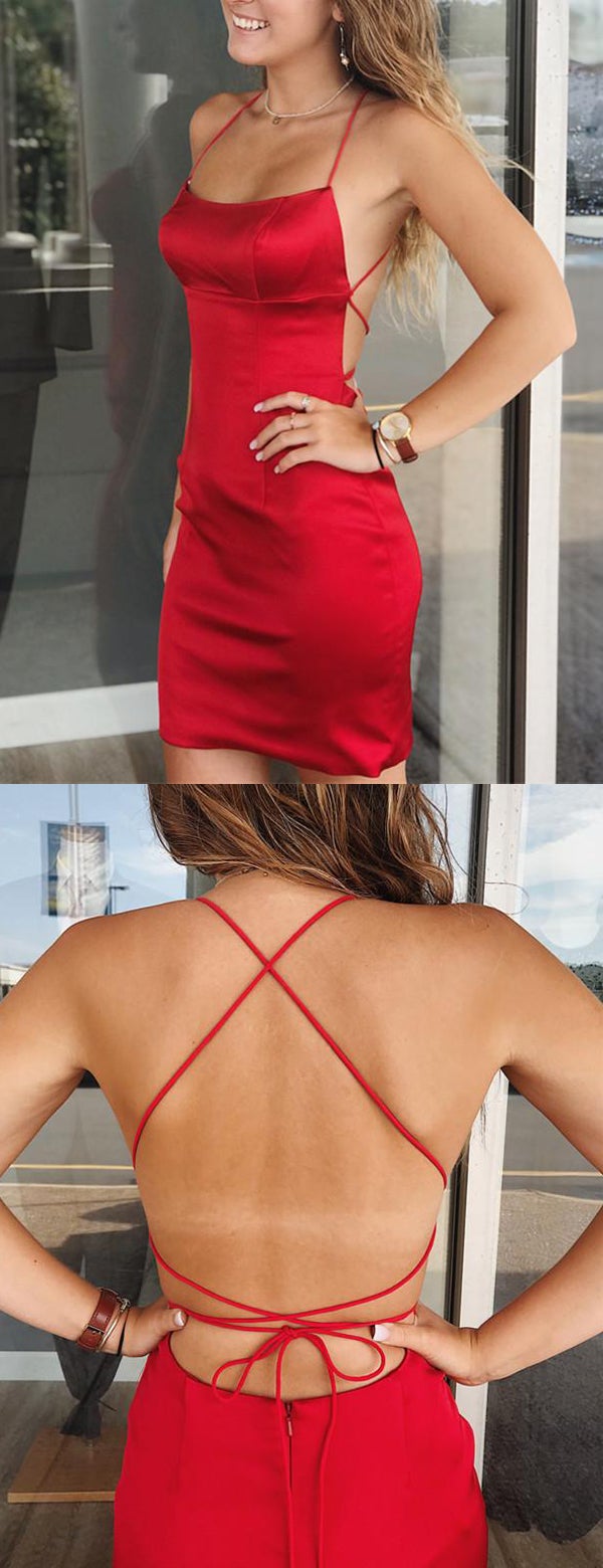 LTP0693,Red homecoming dress cross back mini prom dress