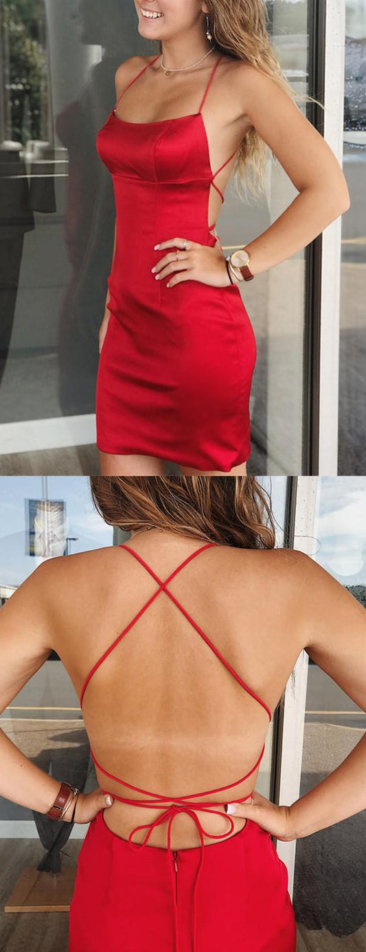 LTP0693,Red homecoming dress cross back mini prom dress