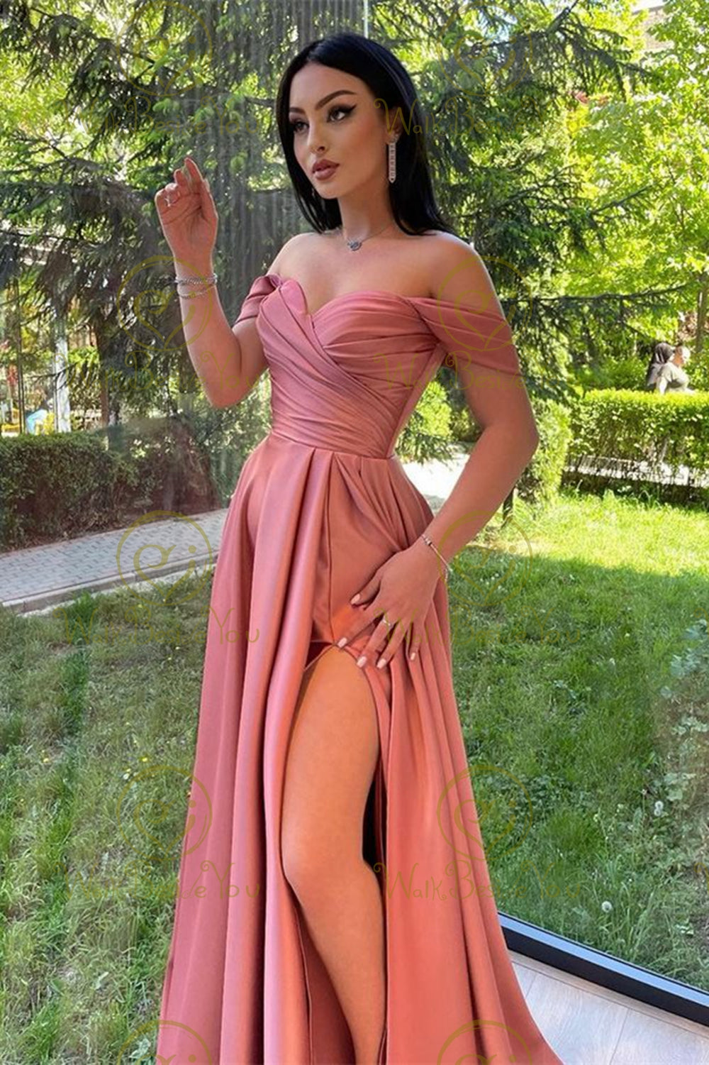 LTP1167,Off The Shoulder Pink Pleated Satin Long Prom Dress,High Split Laylatailor Shop LTP1167,Off The Shoulder Pink Pleated Satin Long Prom Dress,High Split Laylatailor Shop
