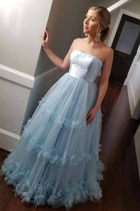 LTP1385,A Line Tulle Prom Dresses Strapless Evening Dress