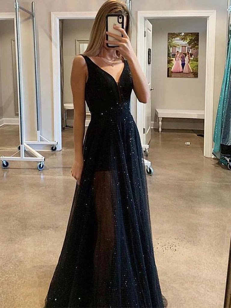LTP0122,Custom Made A Line V Neck Sparkly Sequins Black Long Prom Dresses,Black V Neck Sequins Long Evening Dresses