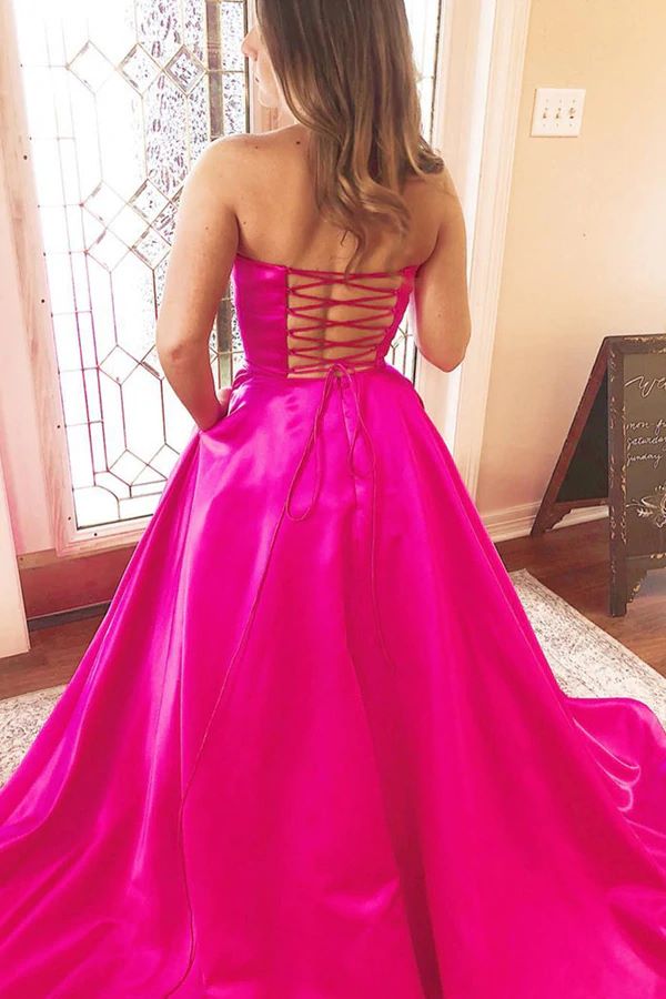 LTP1060,Strapless Fuchsia Satin Long Prom Dresses Evening Dresses With Pockets