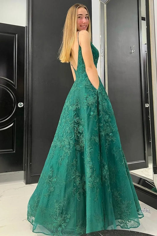 LTP1187,A Line V Neck Green Lace Tulle Prom Dresses,Green Lace Formal Graduation Dresses