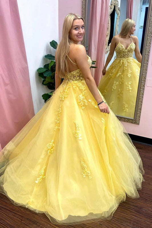 LTP0862,V Neck Open Back Yellow Tulle Lace Long Prom Dresses,V Neck Yellow Formal Dresses,Yellow Lace Evening Dresses