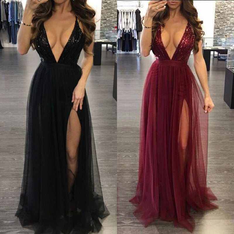 LTP0087,Burgundy tulle long prom dress deep v neck sexy prom dresses