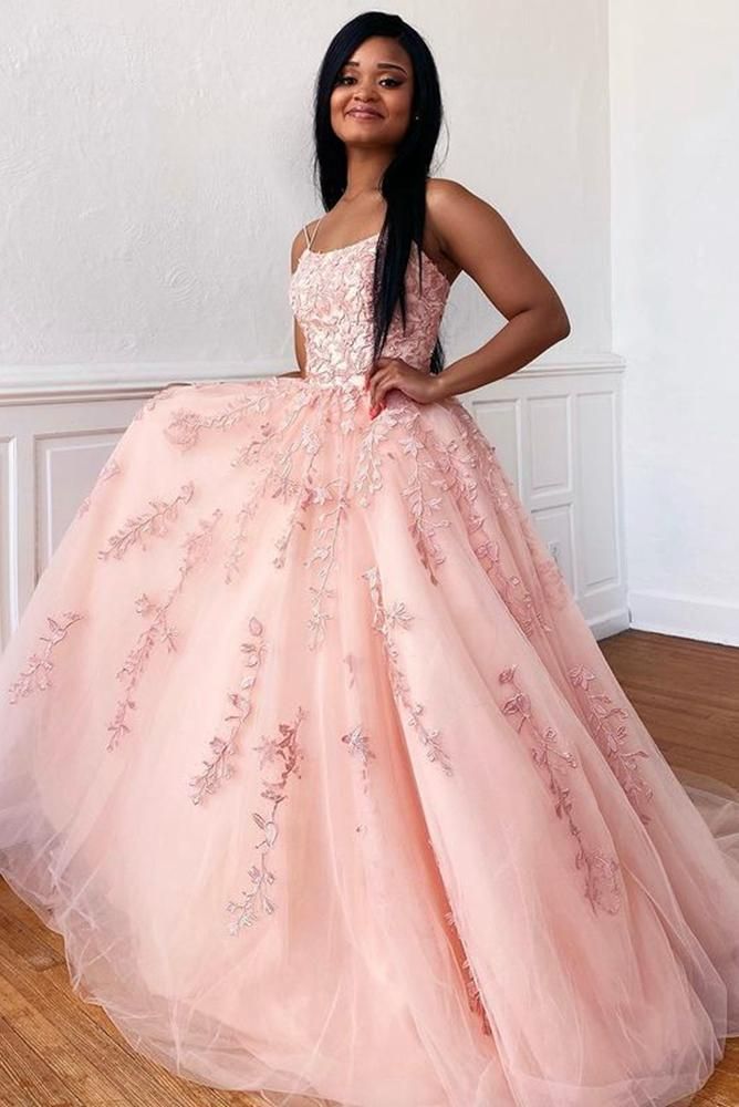 LTP0160,Chic Pink Long Prom Dresses Spaghetti Straps A-Line Applique Evening Dress