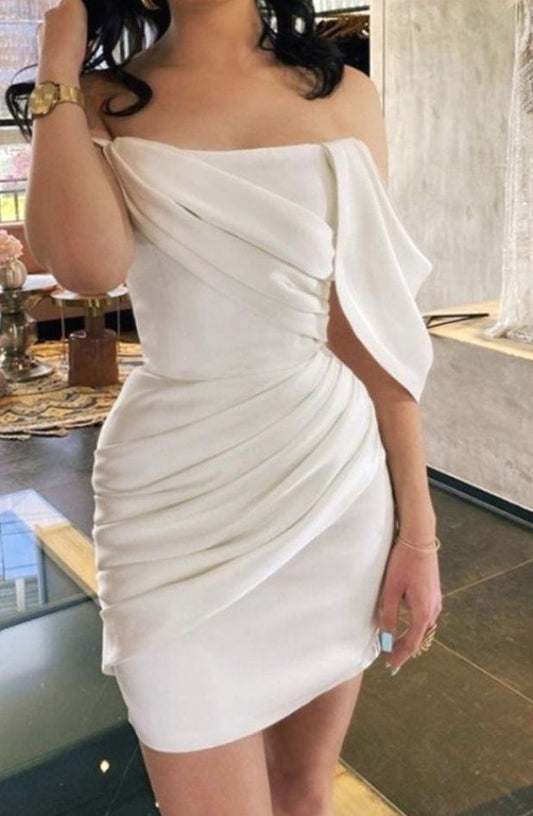 LTP1411,Off the shoulder white pleated short homecoming dresses