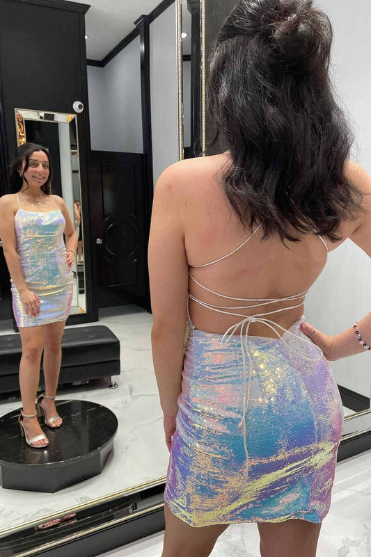 LTP1184,White Iridescent Sequin Lace-Up Mini Homecoming Dress