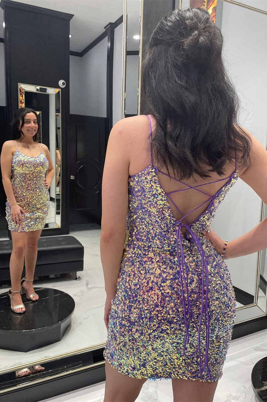 LTP1177,Purple Iridescent Sequin Lace-Up Bodycon Mini Homecoming Dress