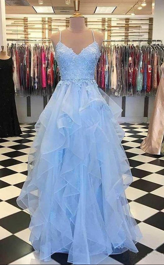 LTP1032,Charming spaghetti straps applique ruffles tulle prom dresses
