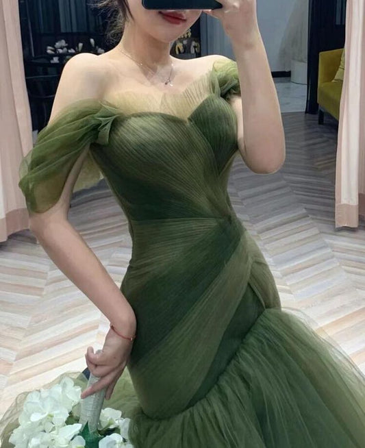 LTP1620,Green Tulle Off The Shoulder Mermaid Long Prom Evening Dresses