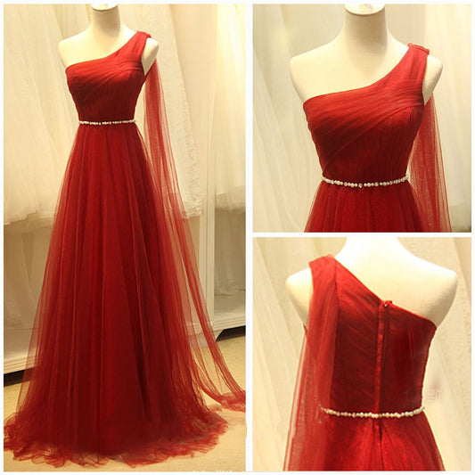 LTP0364,One shoulder tulle prom dresses beaded belt long prom dress evening formal gown with sash