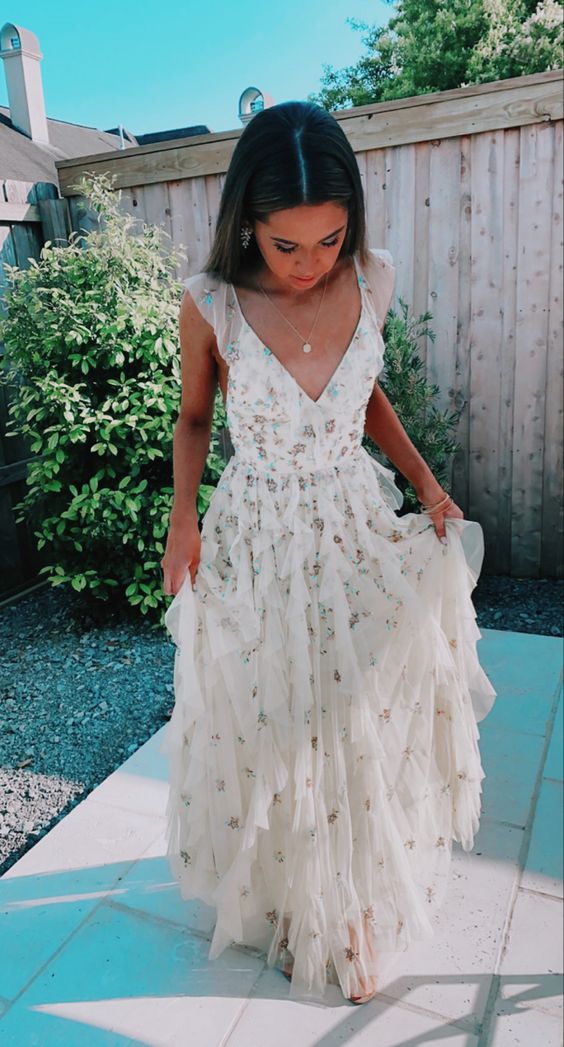 White Starry Tulle Prom Dress - Layered Ruffle Ball Gown