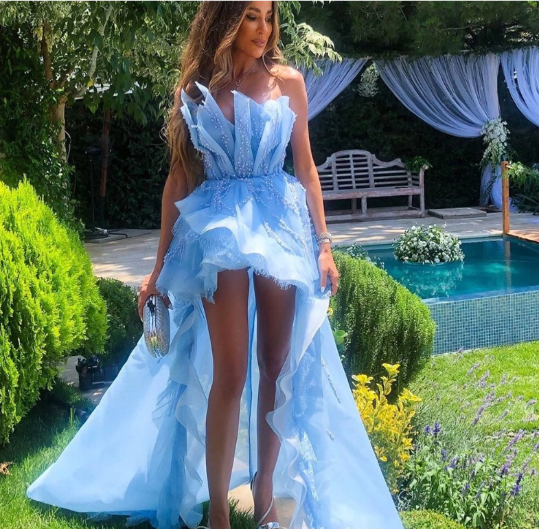 LTP0844,Blue Strapless A-line Organza High-low Backless Applqiue Prom Dresses