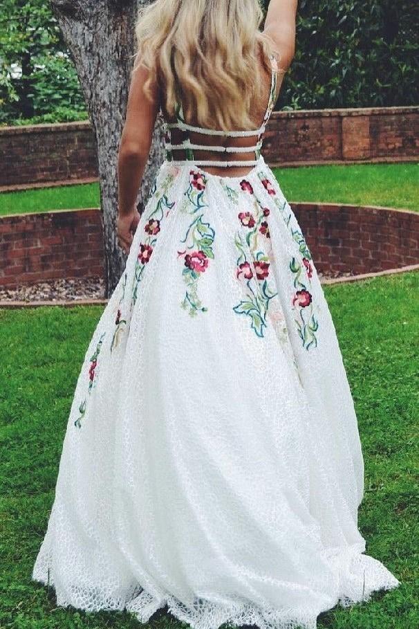 LTP0562,Elegant Lace A Line Backless Prom Dress with Handmade Flower Appliques