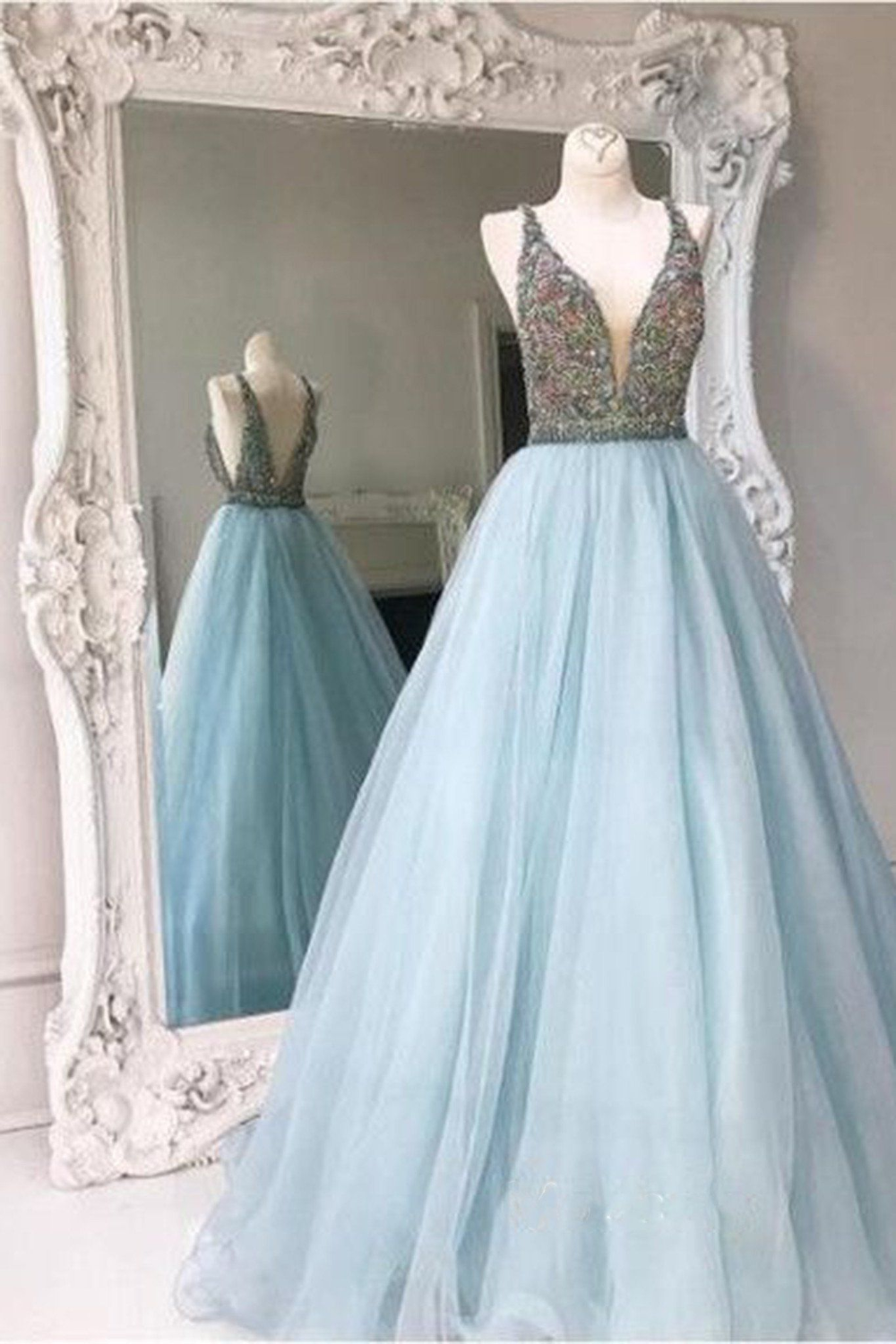 LTP0650,Classy V-neck Long Prom Dresses,Light Blue Prom Dress,Nice Graduation Dresses,Quinceanera Dresses,Backless Party Dresses