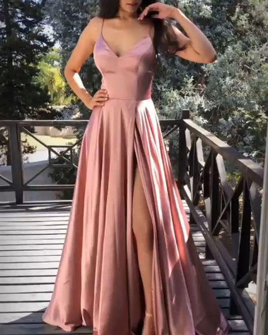 LTP0157, Discount Charming pink satin prom dresses spaghetti straps V-neck long evening dresses with side slit