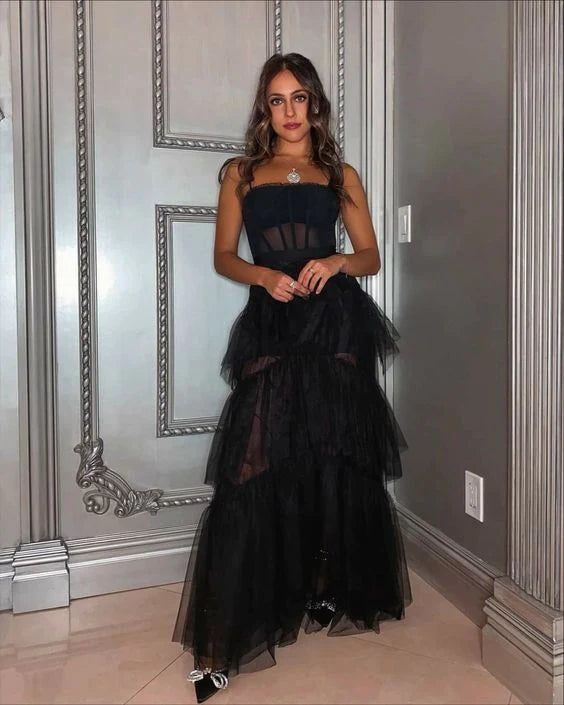LTP1647,Spaghetti Strap Mesh Corset Gown Long Prom Dress Black