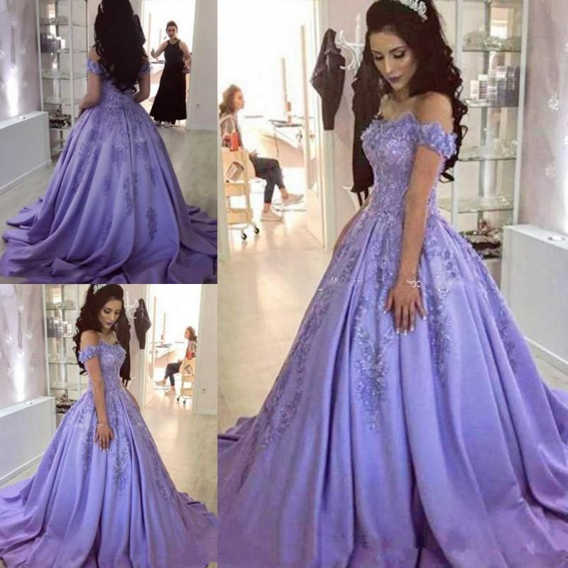 LTP0641,Lilac off the shoulder ball gown applique prom dress