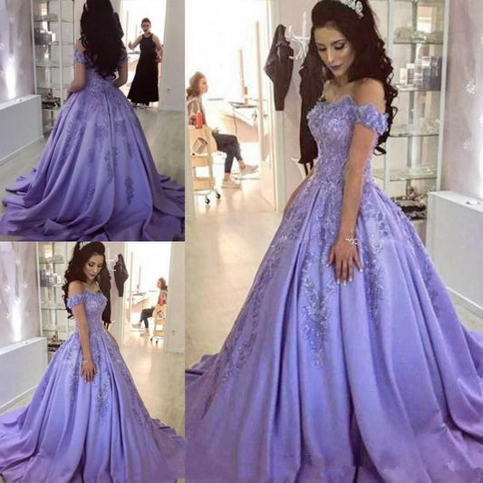 LTP0641,Lilac off the shoulder ball gown applique prom dress