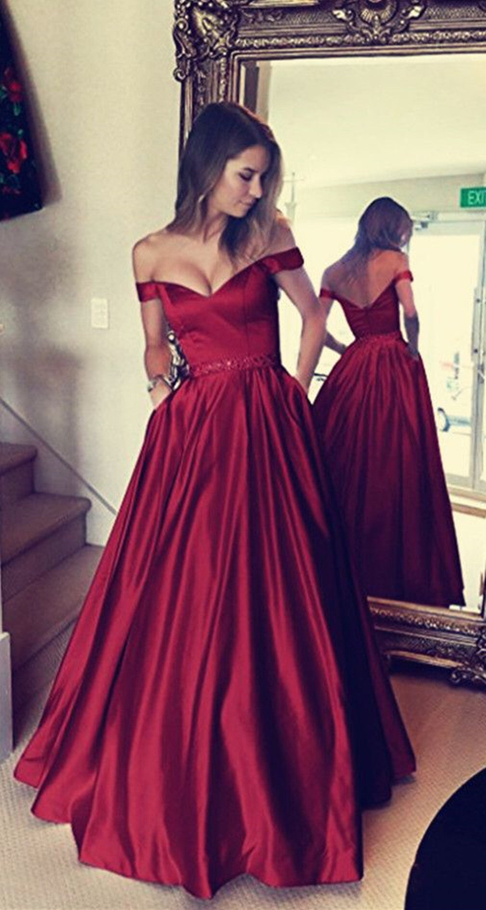 LTP0764,Red off the shoulder beaded a-line satin prom dresses long formal gown