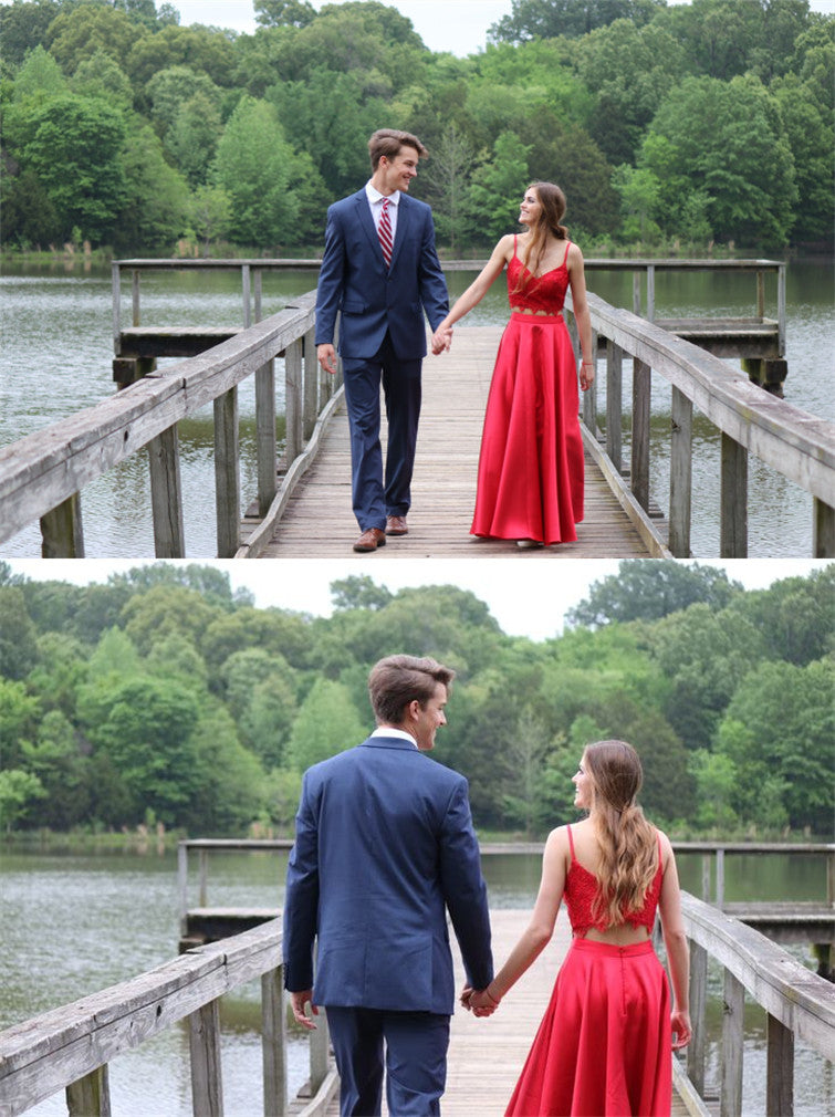 LTP0830,Two pieces red prom dresses lace top sleeveless evening dresses