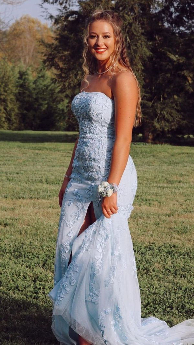 LTP0843,Princess Light Sky blue Formal Dress Lace Appliques Prom Dresses Mermaid Lace Split Evening Dresses