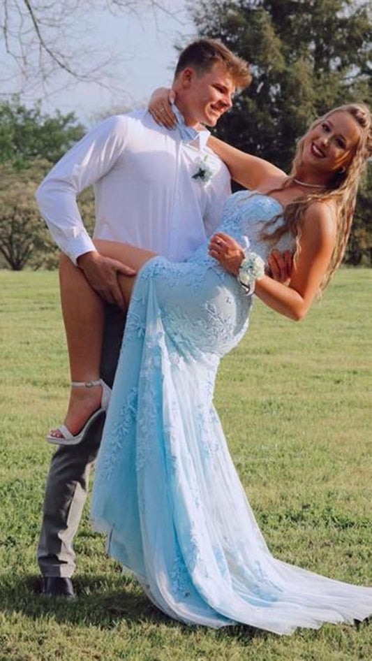 LTP0843,Princess Light Sky blue Formal Dress Lace Appliques Prom Dresses Mermaid Lace Split Evening Dresses