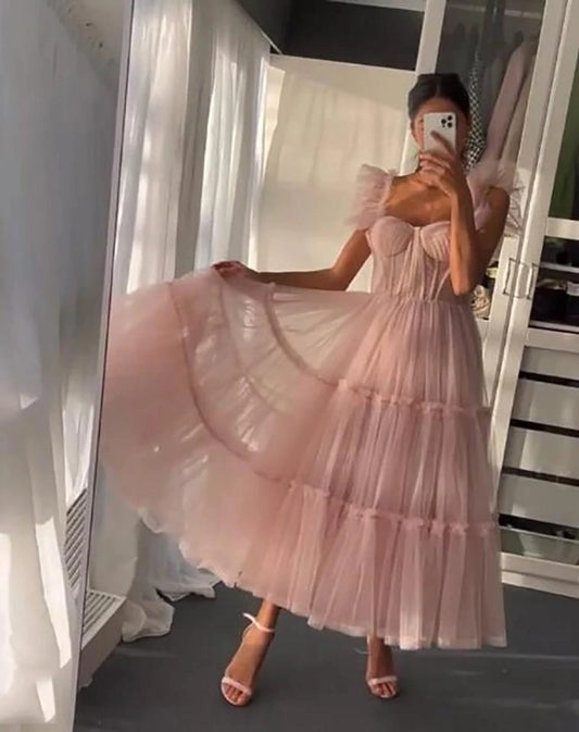 LTP1017,Dusty pink tulle prom dresses sweetheart tea length long evening formal gown