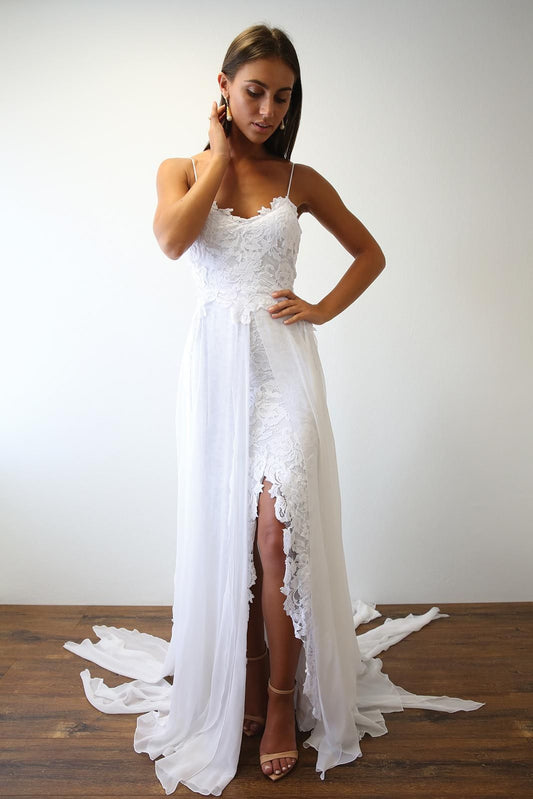 LTP1170,Elegant White Lace Chiffon Wedding Dresses,Spaghetti Straps Beach Wedding Gown,Custom Made Bridal Dresses