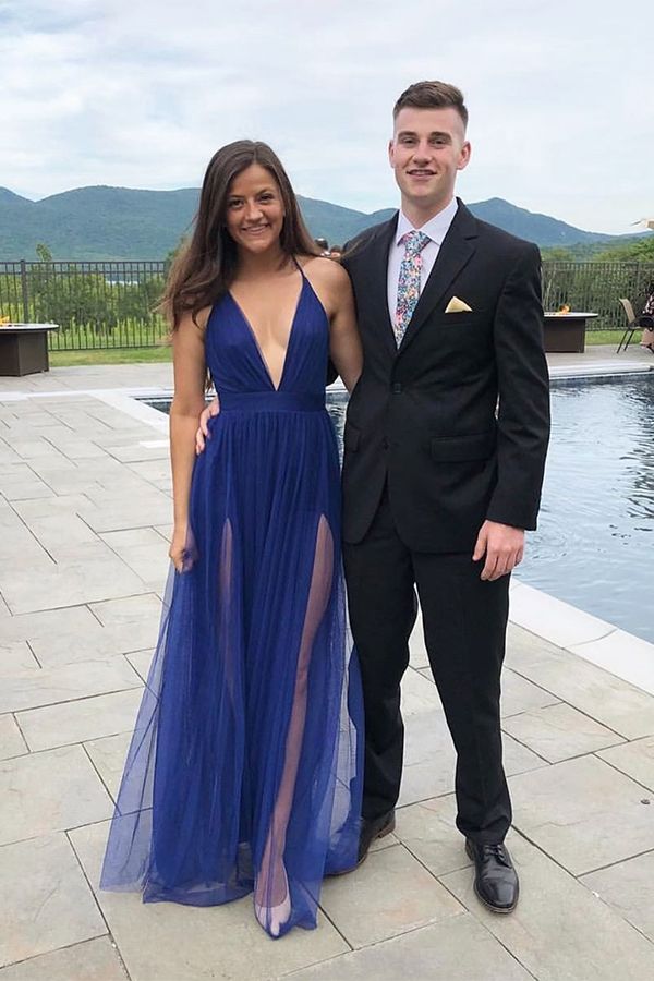 LTP0536,Halter Blue Prom Dresses Tulle Long Prom Dress Deep V-Neck Party Gown