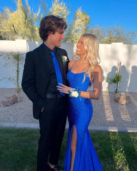 LTP1177,Sparkle Royal Blue Mermaid Long Prom Dresses,Side Slit Criss Cross Evening Dress